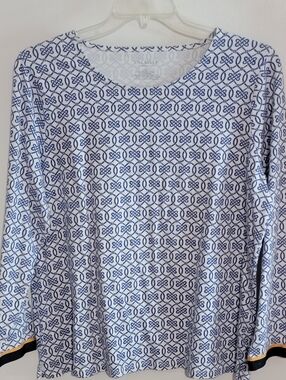 Talbots White & Blue Patterned Cotton Blend Top